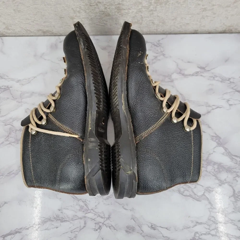 Vintage Black Leather Cross Country Ski Boots Double Tongue Double Laces